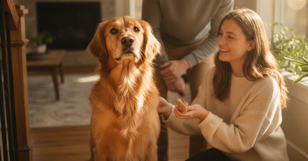 A dog being cared for at home, illustrating dog reluctant to go up stairs: what it usually means