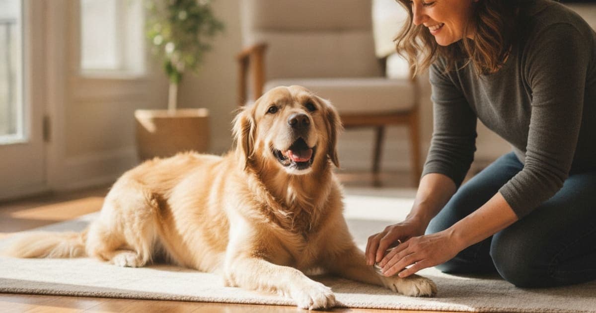 A dog being cared for at home, illustrating dog slipping on hard floors: home remedies that help