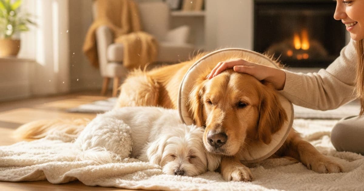 A dog being cared for at home, illustrating dog slow recovery after surgery: home remedies that help