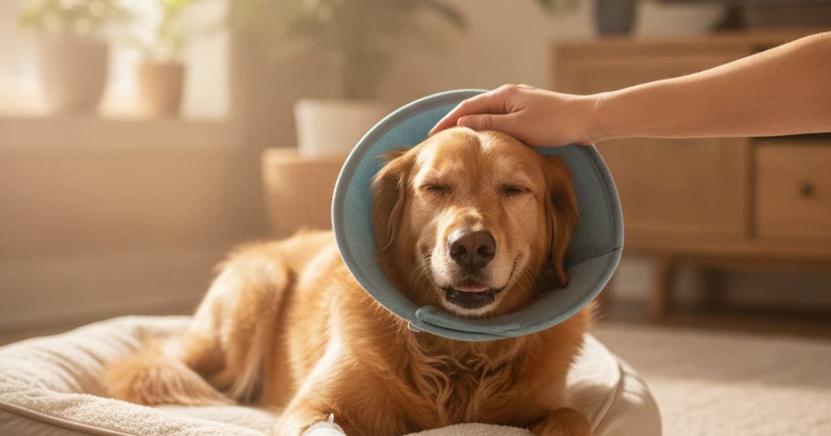 A dog being cared for at home, illustrating dog slow recovery after surgery: what it usually means