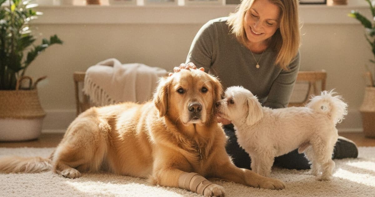 A dog being cared for at home, illustrating dog soft tissue injury recovery time: what to expect
