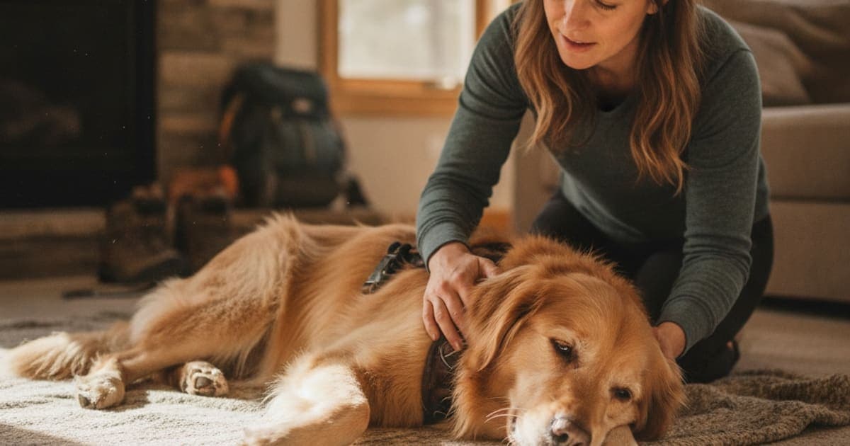 A dog being cared for at home, illustrating dog sore after hiking: when to see a vet
