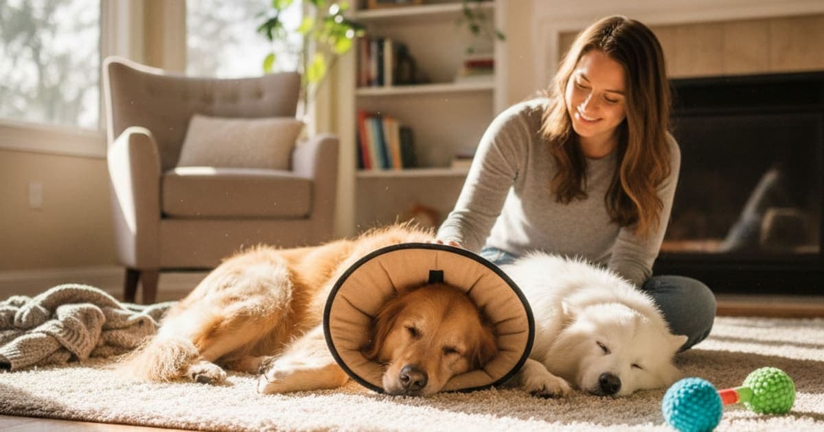 A dog being cared for at home, illustrating dog spay recovery time: a realistic timeline