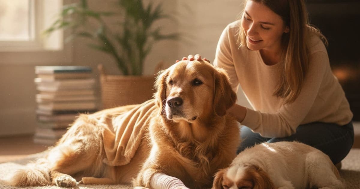 A dog being cared for at home, illustrating dog sprained leg recovery time: realistic expectations