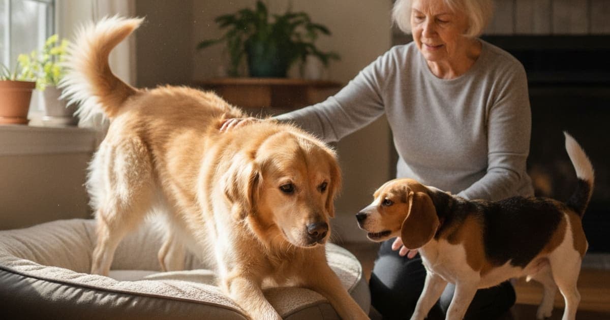 A dog being cared for at home, illustrating dog stiff after resting: what it usually means