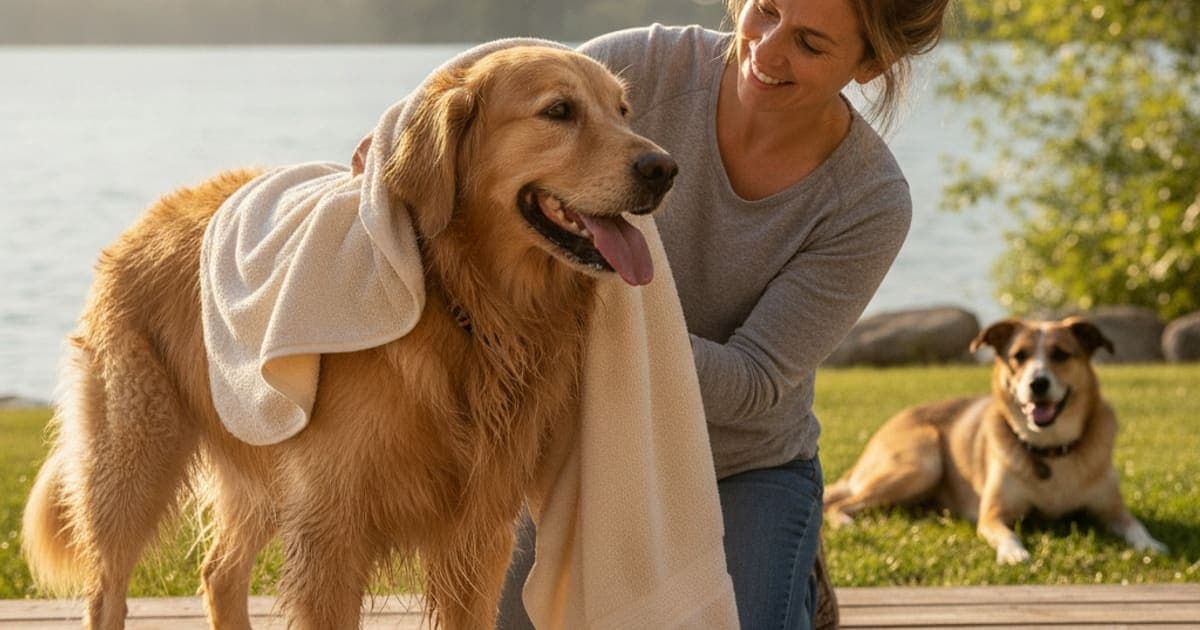 A dog being cared for at home, illustrating dog stiff after swimming: what it usually means