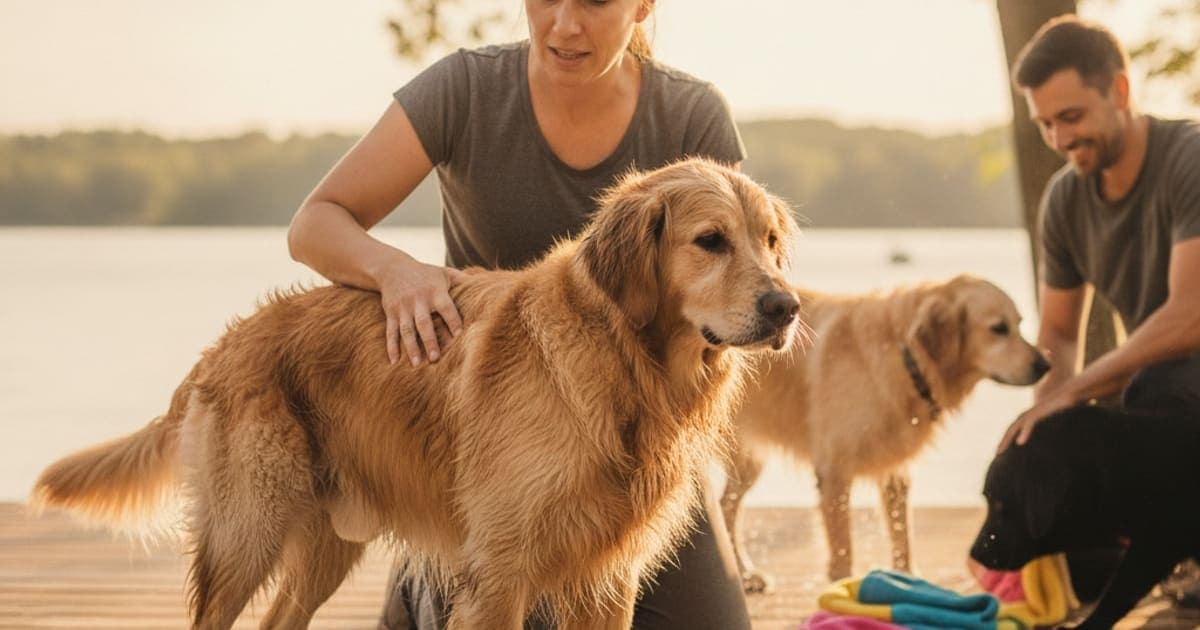 A dog being cared for at home, illustrating dog stiff after swimming: when to see a vet