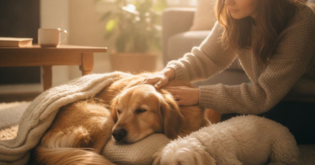 A dog being cared for at home, illustrating dog stiff in cold weather: home remedies that help
