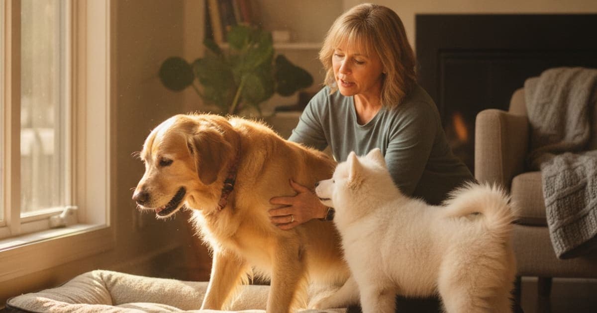 A dog being cared for at home, illustrating dog stiff in the morning: when to see a vet