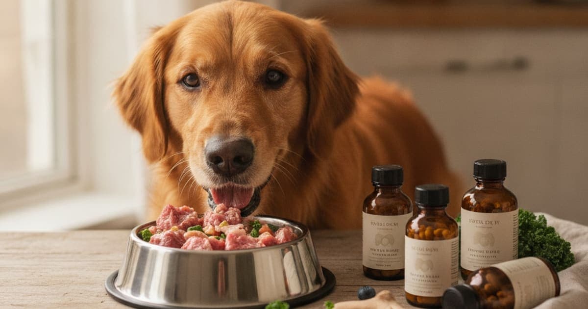 A dog being cared for at home, illustrating dog supplements for raw diet