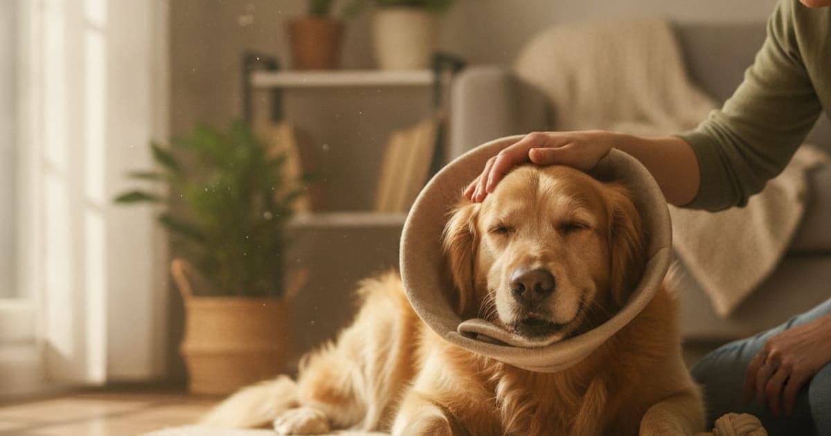 A dog being cared for at home, illustrating dog surgical incision healing: realistic timeline
