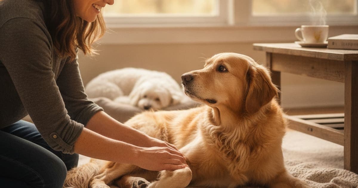 A dog being cared for at home, illustrating dog swollen joint: home remedies that actually help