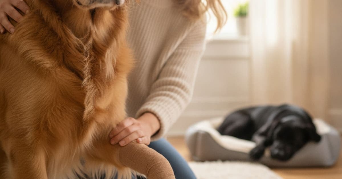A dog being cared for at home, illustrating dog swollen joint: what it usually means