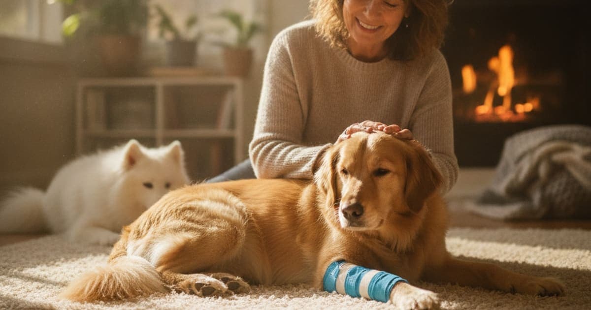 A dog being cared for at home, illustrating dog tendon injury recovery time: realistic expectations