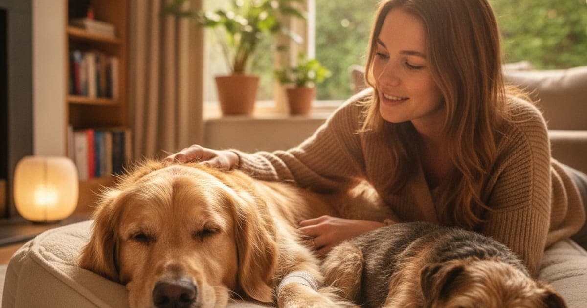 A dog being cared for at home, illustrating dog tendonitis recovery time: realistic expectations
