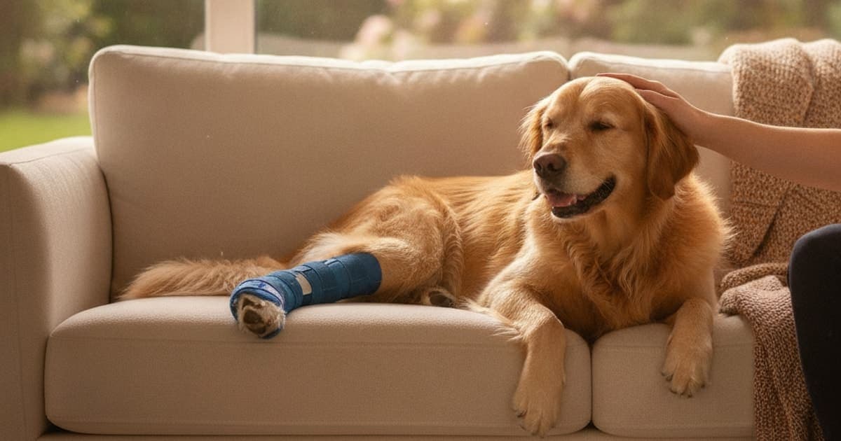 A dog being cared for at home, illustrating dog torn acl recovery time: realistic expectations