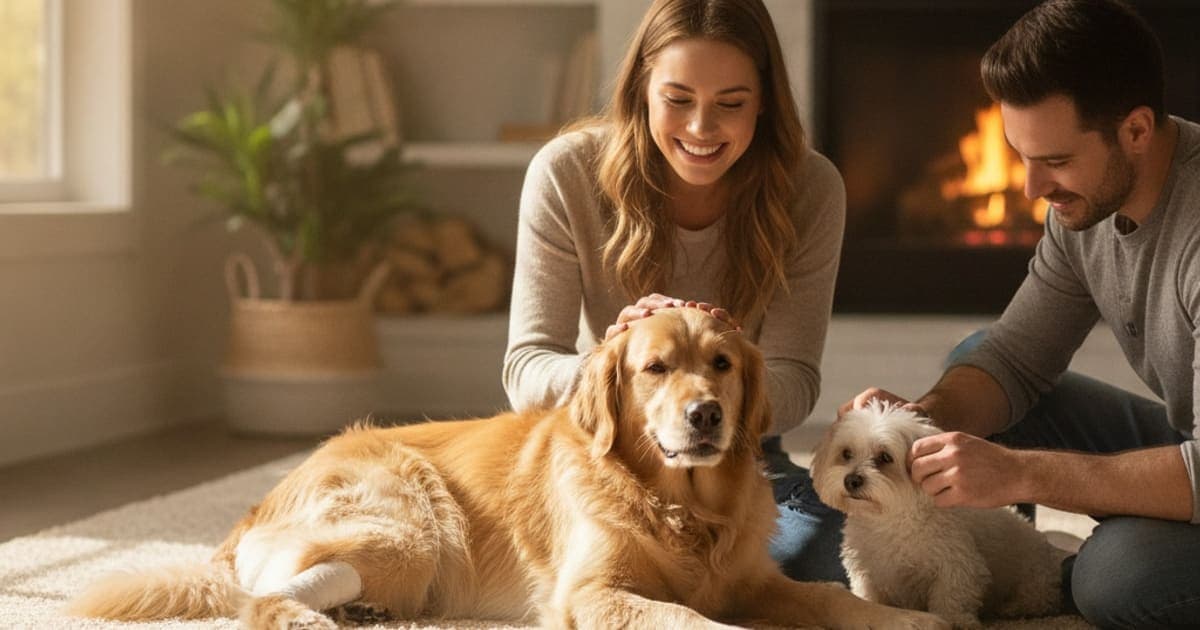 A dog being cared for at home, illustrating dog tplo recovery time: a realistic timeline