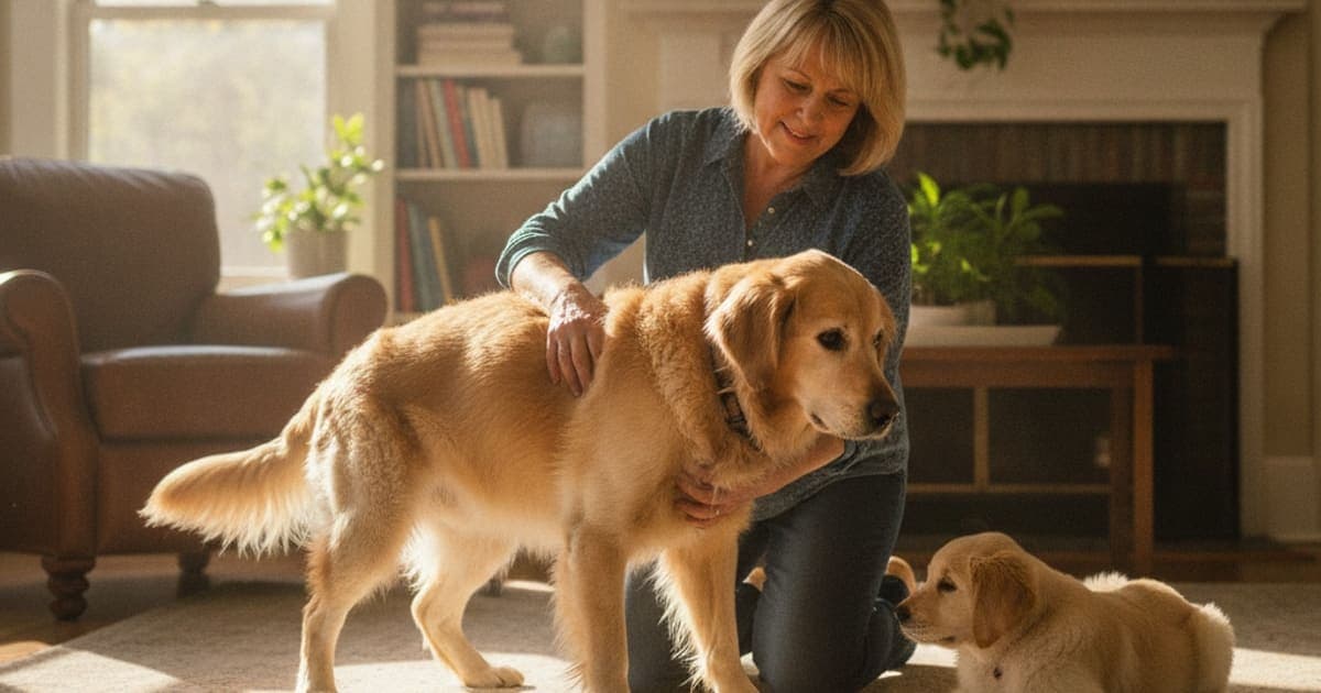 A dog being cared for at home, illustrating dog trouble getting up: what it usually means