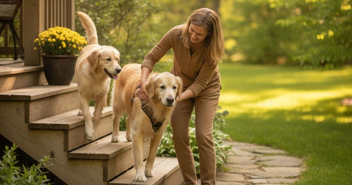 A dog being cared for at home, illustrating dog trouble with stairs: home remedies that help