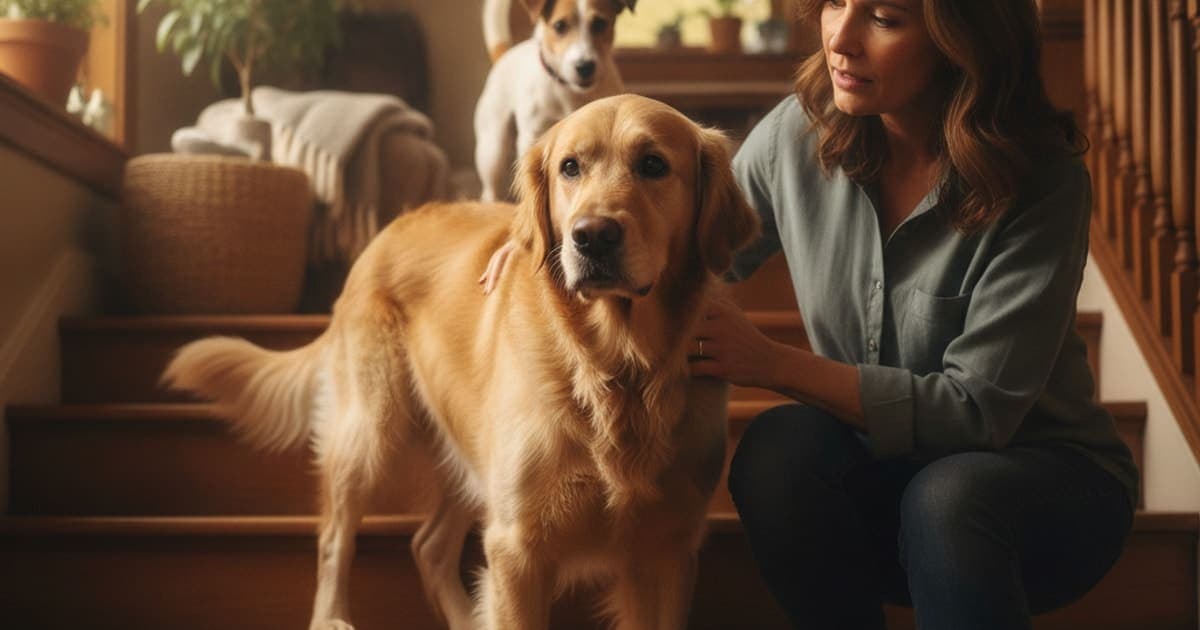 A dog being cared for at home, illustrating dog trouble with stairs: when to see a vet