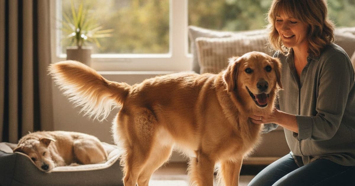 A dog being cared for at home, illustrating dog wobbly back end: what it usually means