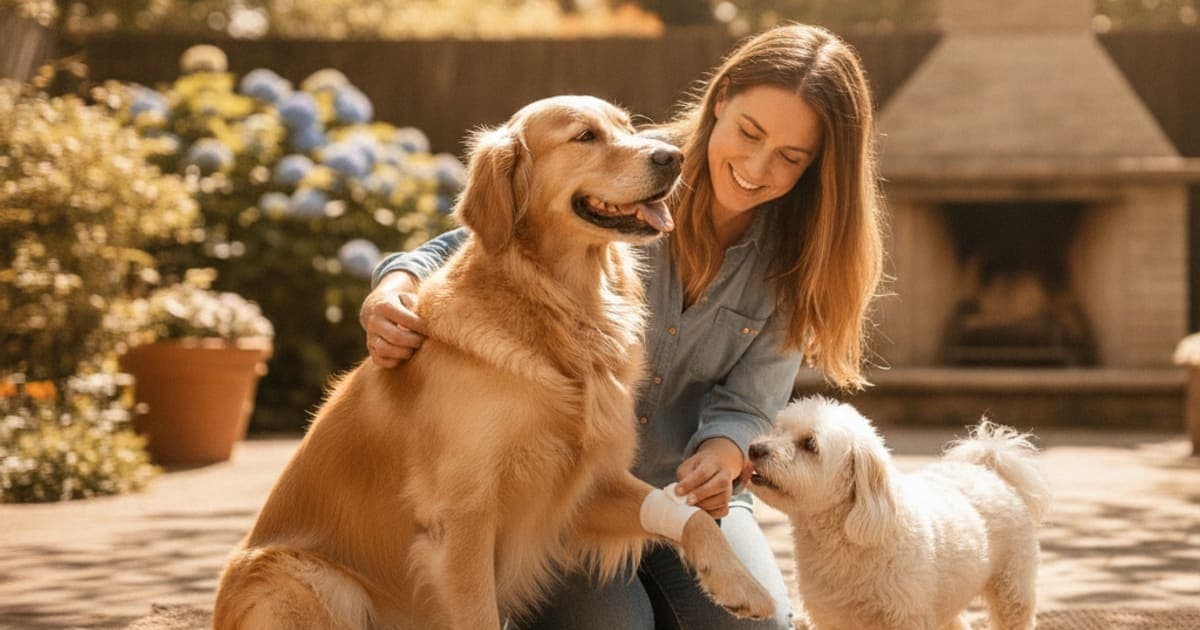 A dog being cared for at home, illustrating dog wound healing recovery time: realistic timeline