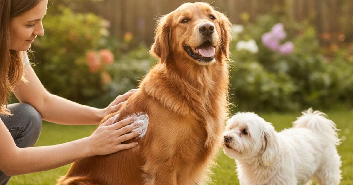 A dog being cared for at home, illustrating dog yeast infection skin medicine: shampoos vs creams