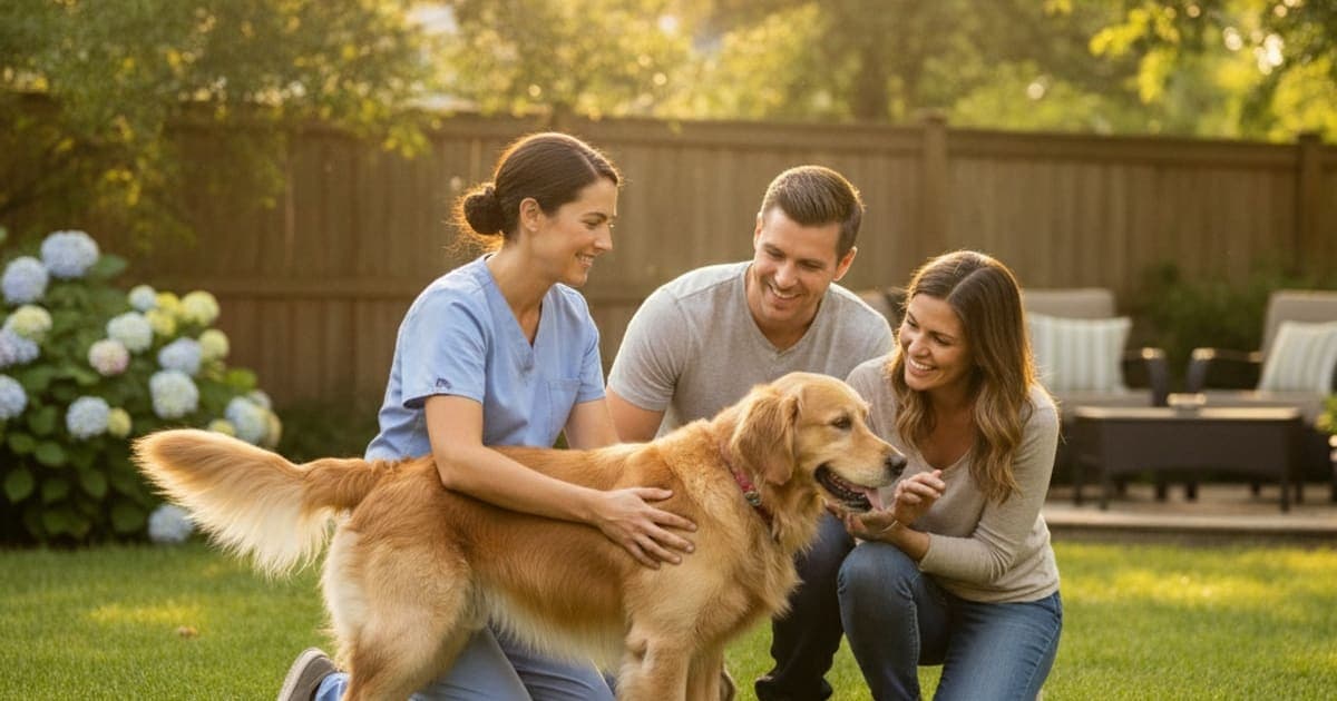 A dog being cared for at home, illustrating elbow dysplasia in dogs: signs, causes and what helps