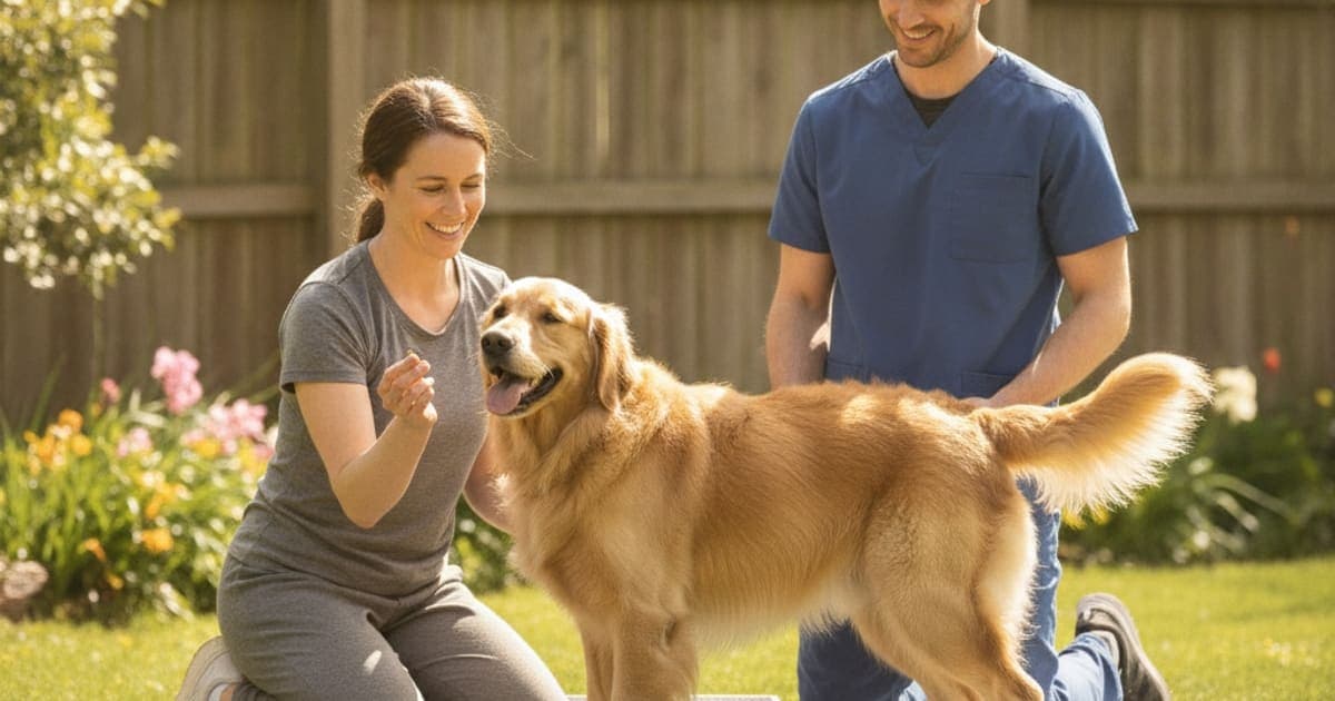 A dog being cared for at home, illustrating exercises for dogs with hip dysplasia: a safe program