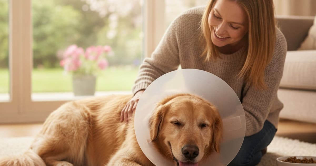 A dog being cared for at home, illustrating fho surgery recovery in dogs: signs, causes, what helps