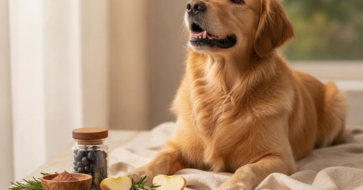 A dog being cared for at home, illustrating flavonoid supplements for dogs