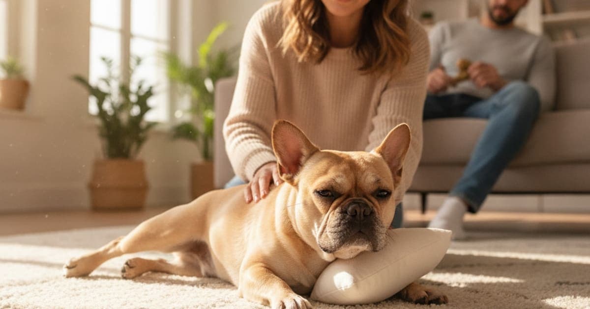 A dog being cared for at home, illustrating do french bulldogs have joint problems? (conformation)
