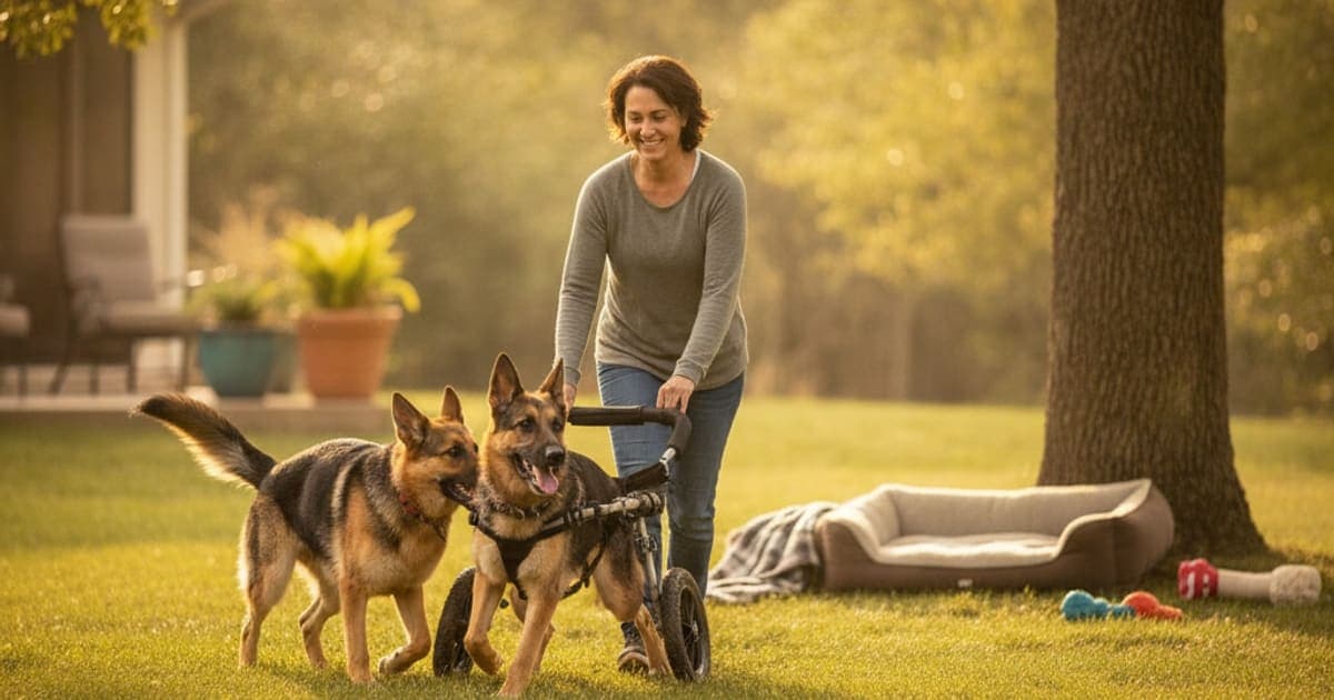 A dog being cared for at home, illustrating german shepherd hip dysplasia brace: gear compared