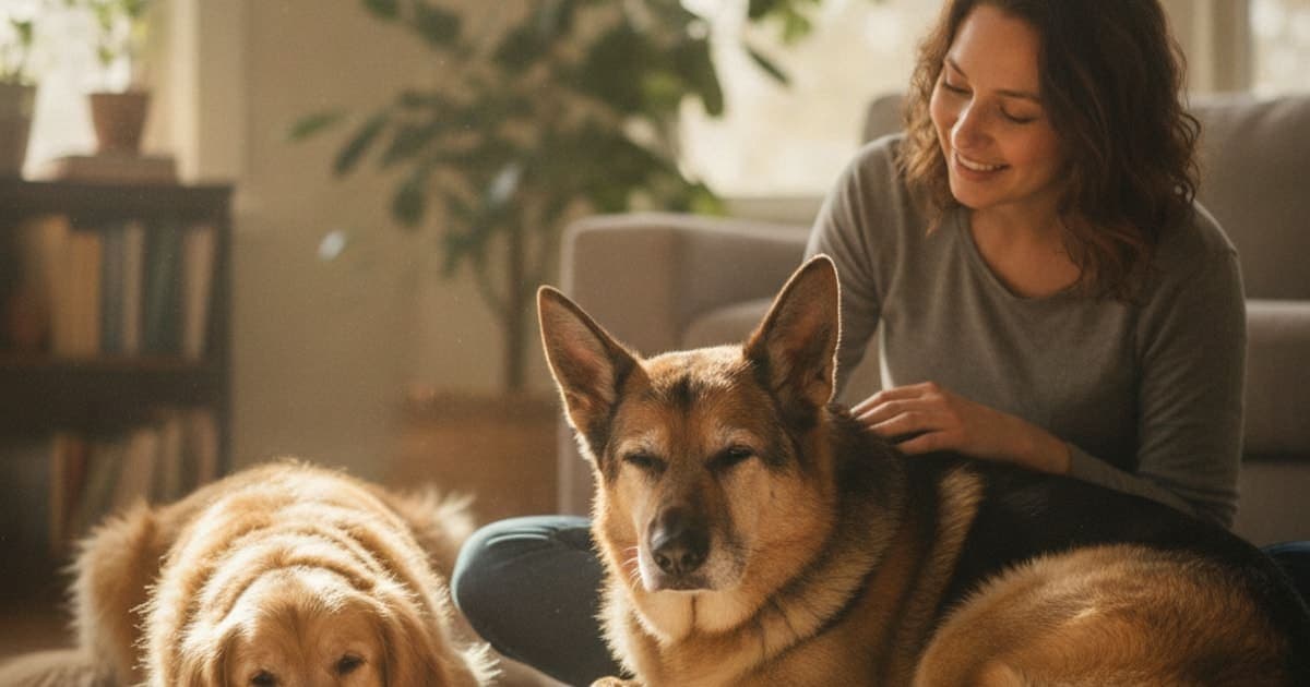 A dog being cared for at home, illustrating german shepherd hip dysplasia life expectancy explained