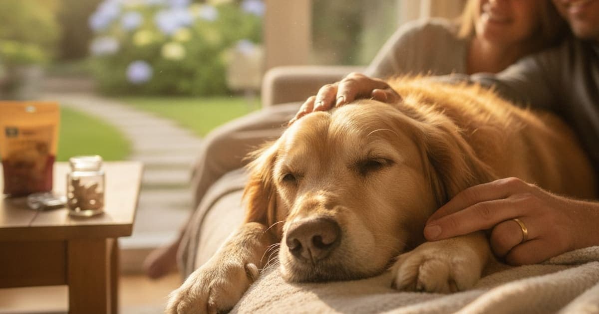 A dog being cared for at home, illustrating glucosamine and chondroitin for dogs: uk buyer's guide
