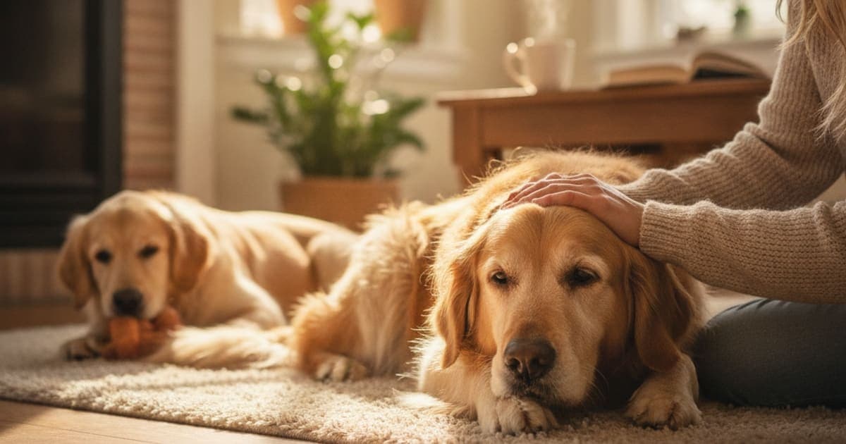 A dog being cared for at home, illustrating do golden retrievers have joint problems? (hips & arthritis)