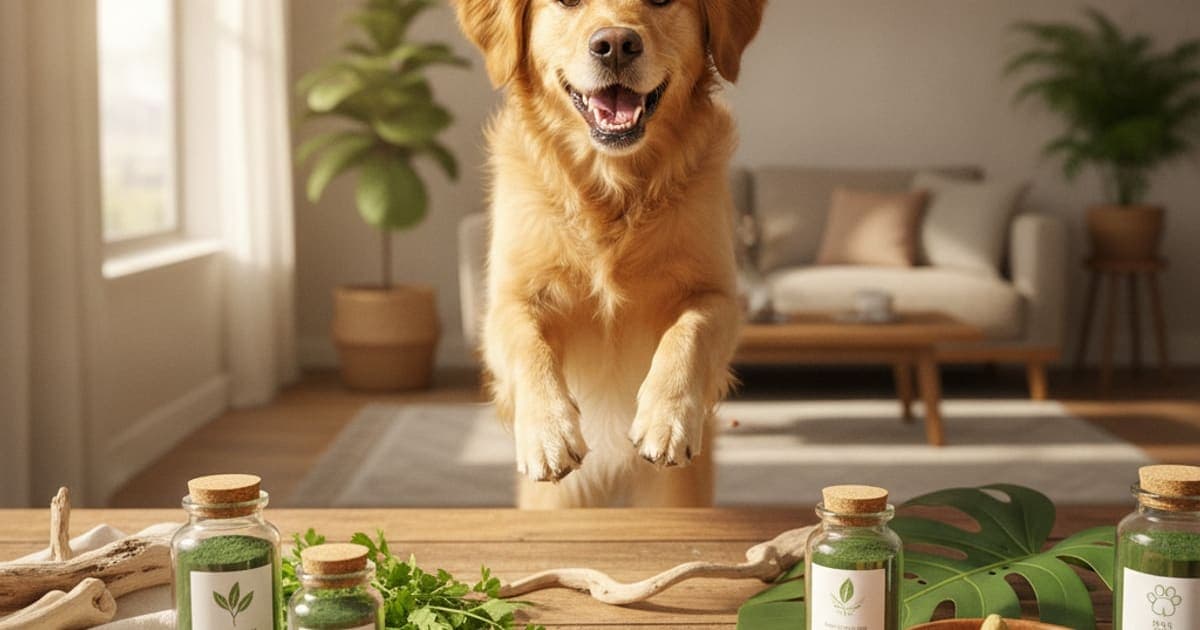 A dog being cared for at home, illustrating green dog supplements