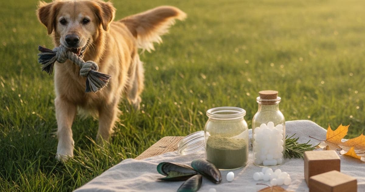 A dog being cared for at home, illustrating green lipped mussel vs glucosamine for dogs compared