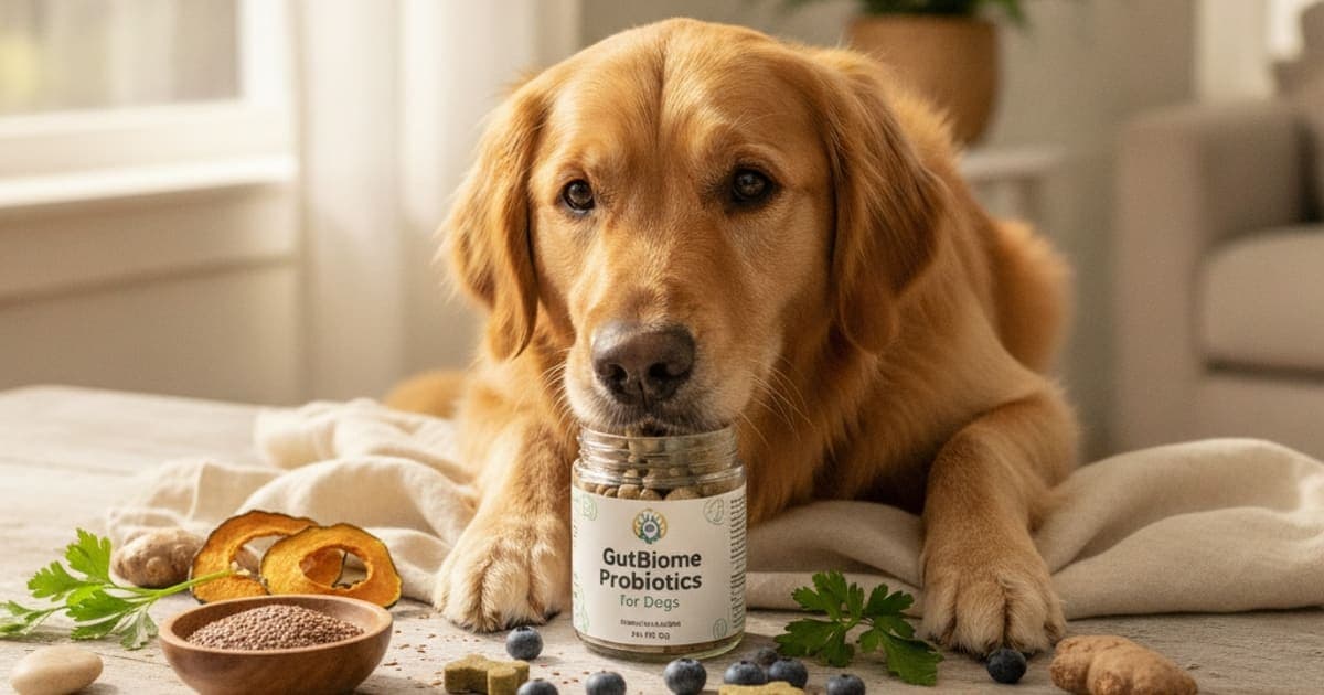 A dog being cared for at home, illustrating gut supplements for dogs