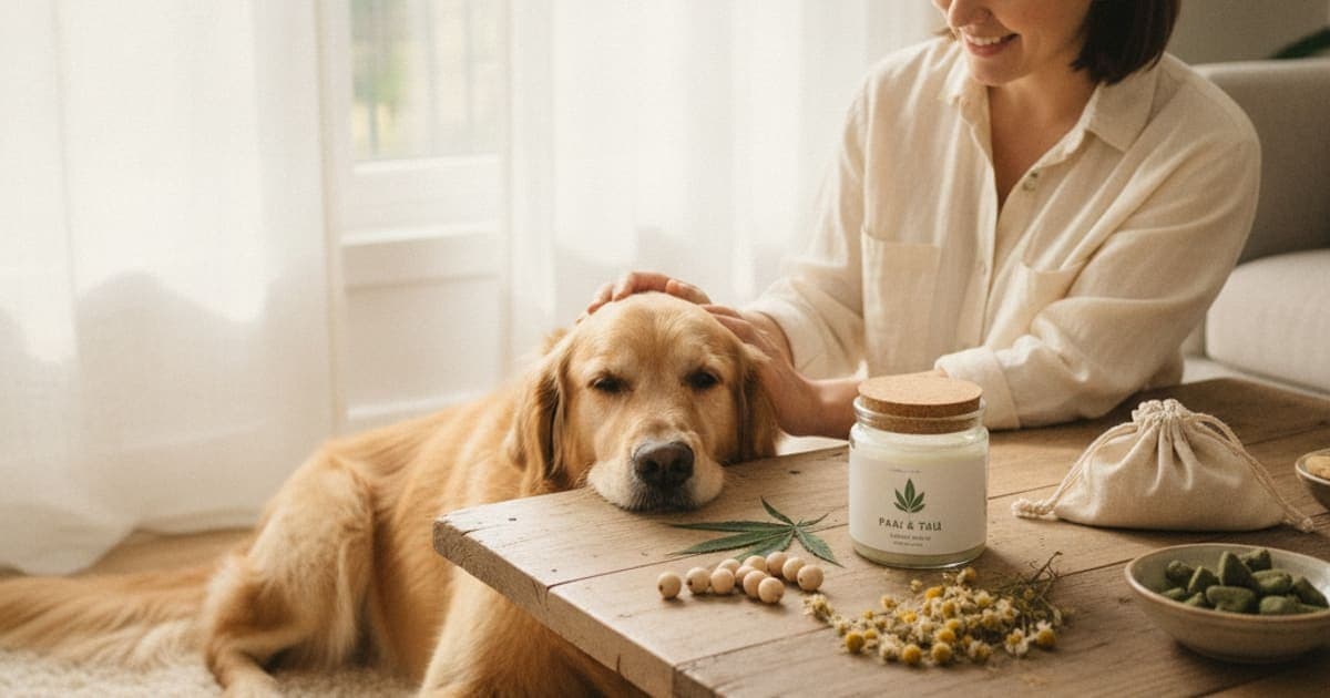 A dog being cared for at home, illustrating hemp supplements for dogs: what the label means