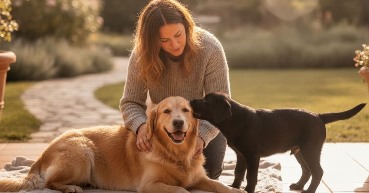 A dog being cared for at home, illustrating hip dysplasia in dogs: signs, causes and what helps