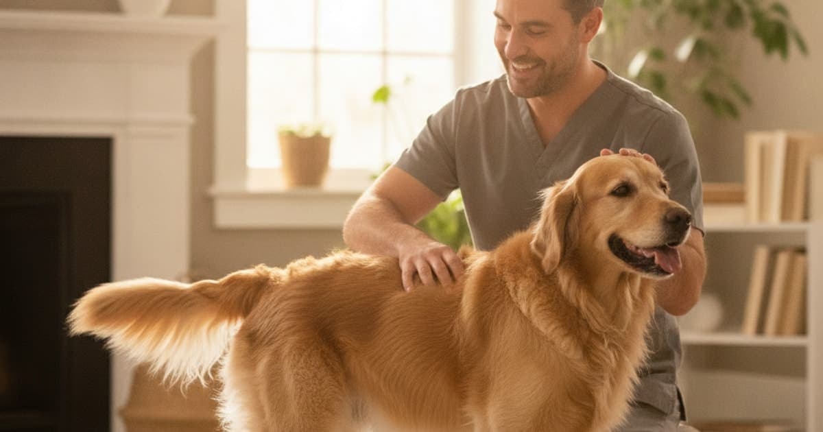 A dog being cared for at home, illustrating hip dysplasia surgery cost for dogs