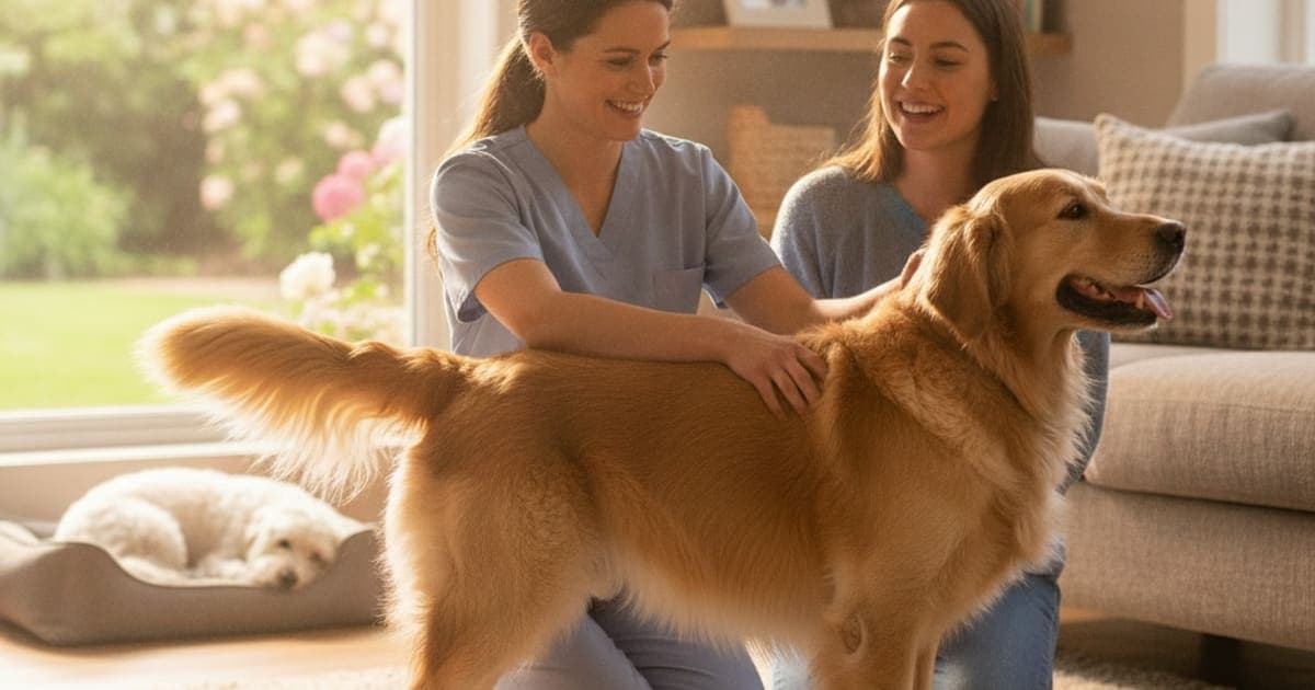A dog being cared for at home, illustrating hip dysplasia surgery in dogs: procedures and costs