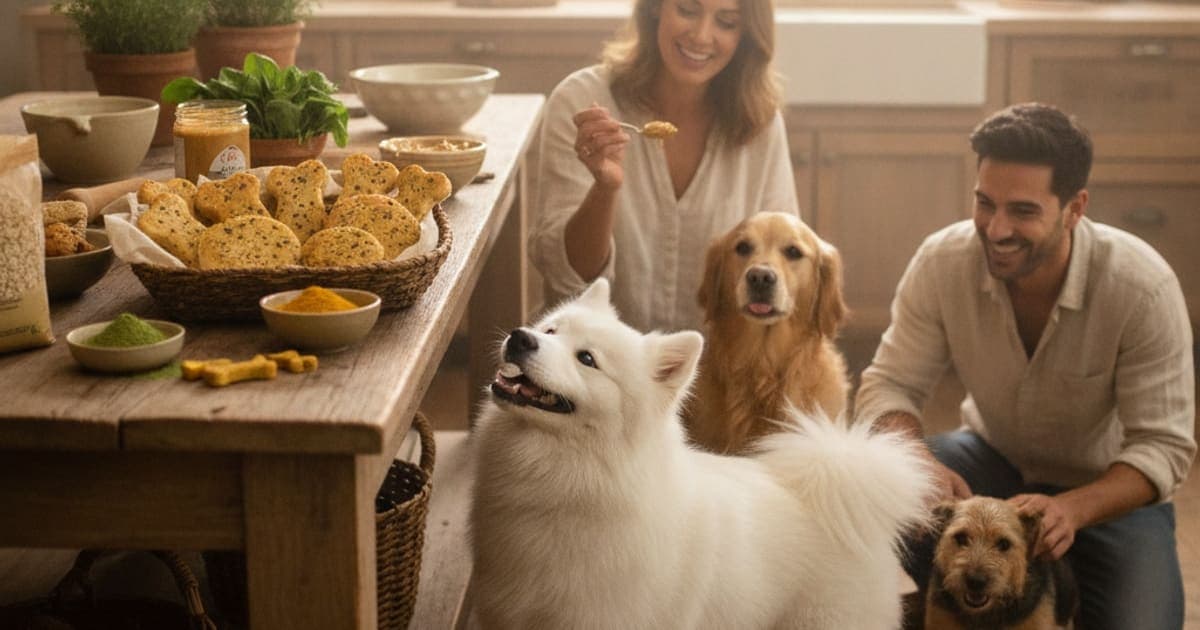 A dog being cared for at home, illustrating homemade joint-support dog biscuits: 3 recipes