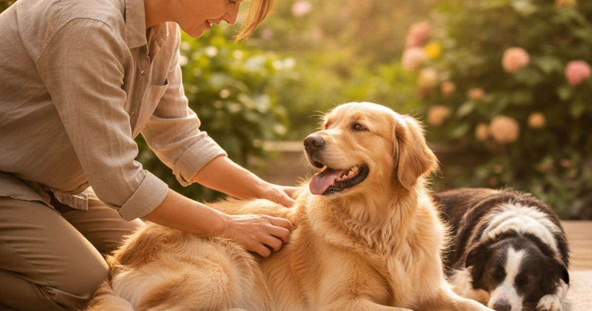 A dog being cared for at home, illustrating hot spots in dogs: signs, causes and what helps