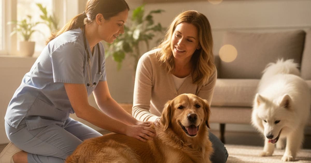 A dog being cared for at home, illustrating how is bursitis diagnosed in dogs? (vet exam steps)