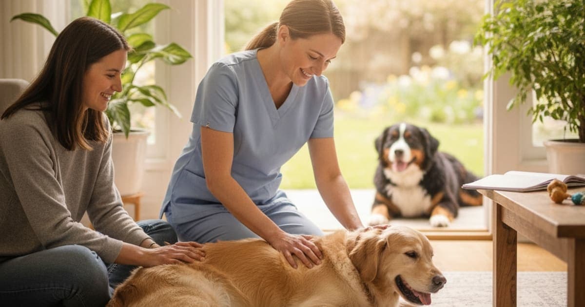 A dog being cared for at home, illustrating how is cauda equina syndrome diagnosed in dogs? (exam & mri)