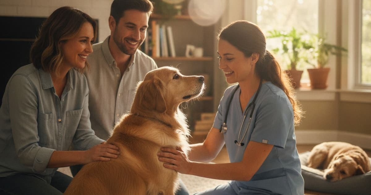 A dog being cared for at home, illustrating how is chronic pain diagnosed in dogs? (exam to answer)