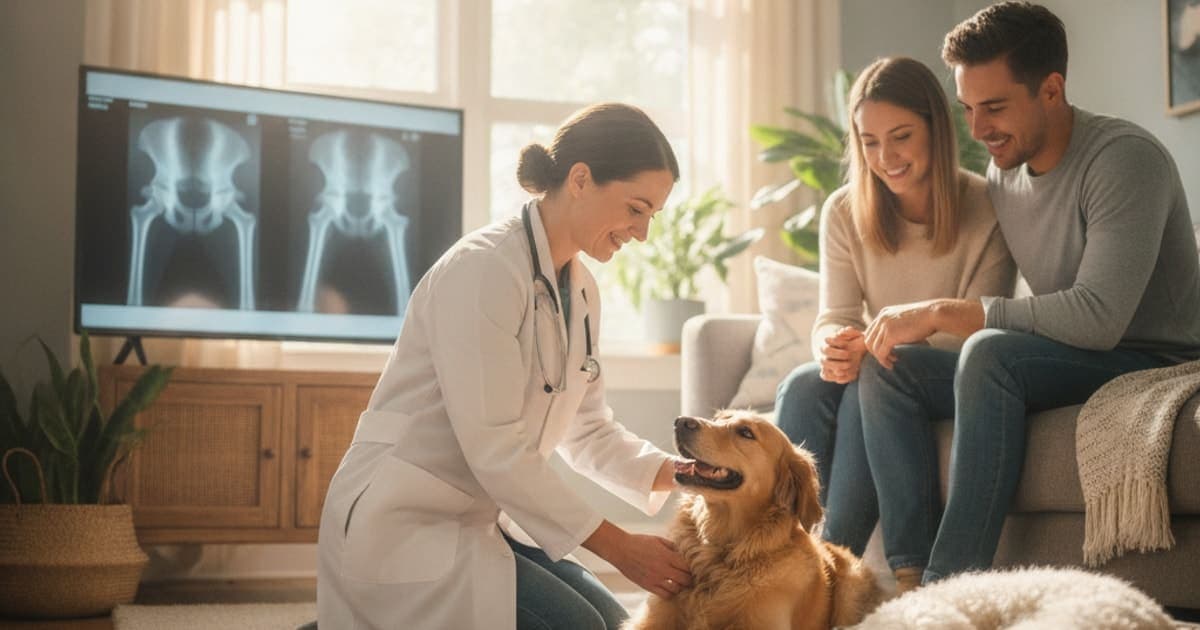 A dog being cared for at home, illustrating how is hip dysplasia diagnosed in dogs? (exam to x-ray)