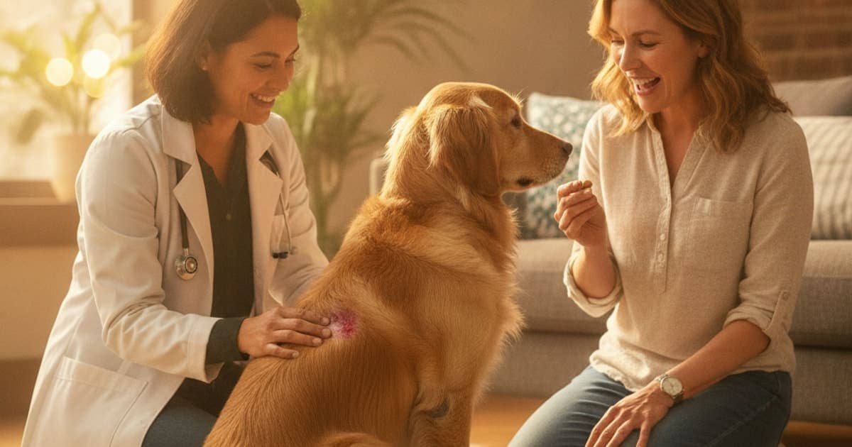 A dog being cared for at home, illustrating how is hot spots diagnosed in dogs? (vet exam steps)